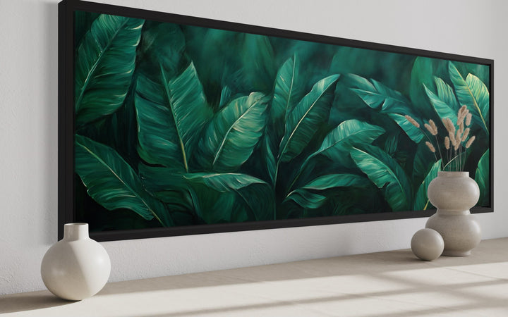 Green Tropical Leaves Long Narrow Horizontal Framed Canvas Wall Art