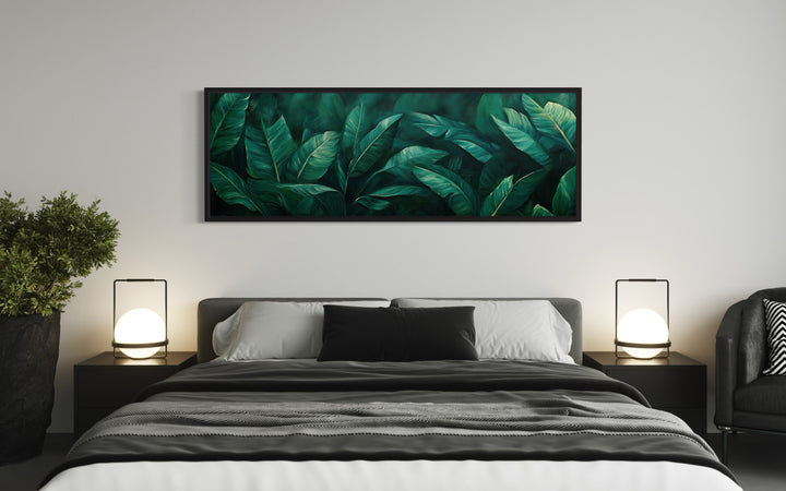 Green Tropical Leaves Long Narrow Horizontal Framed Canvas Wall Art