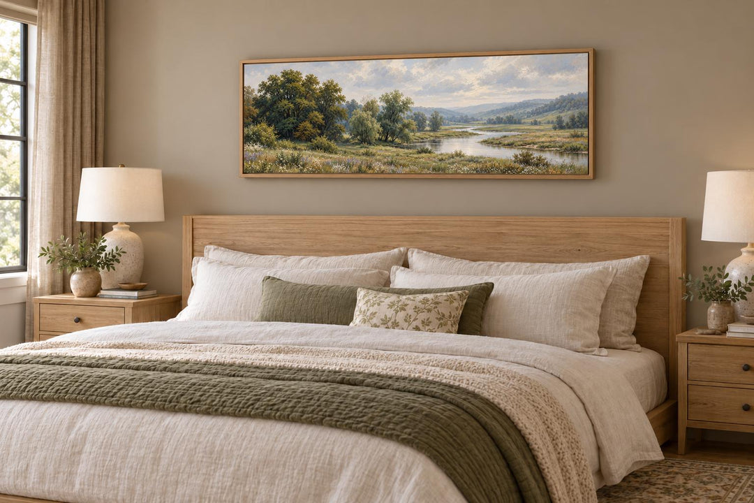 Green Valley and River Landscape long horizontal canvas wall art above a wooden bed headboard.