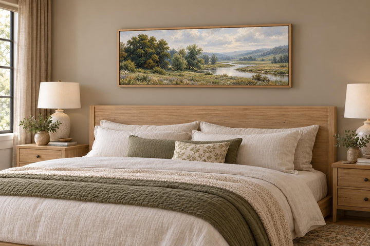 Green Valley and River Landscape long horizontal canvas wall art above a wooden bed headboard.