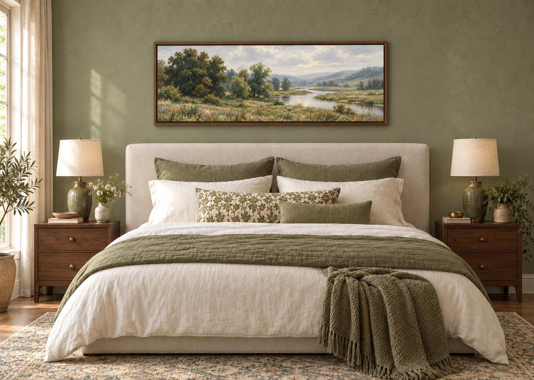 Green Valley and River Landscape long horizontal canvas wall art hanging above a bed.