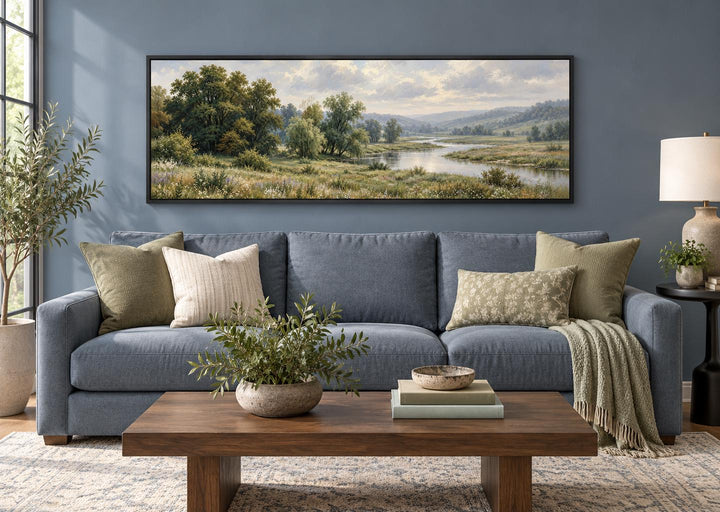 Long horizontal canvas wall art of a green valley and river landscape above a blue sofa.