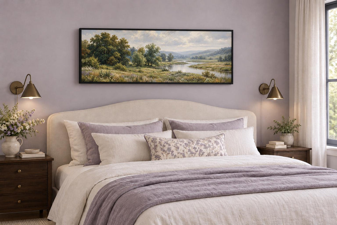 Green Valley and River Landscape long horizontal canvas wall art hanging above a bed.