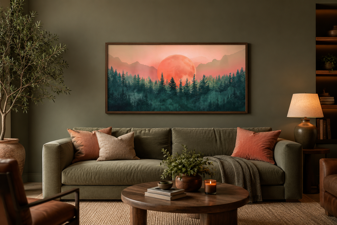 Framed horizontal canvas art of a pink sun setting over a green forest landscape above a sofa.