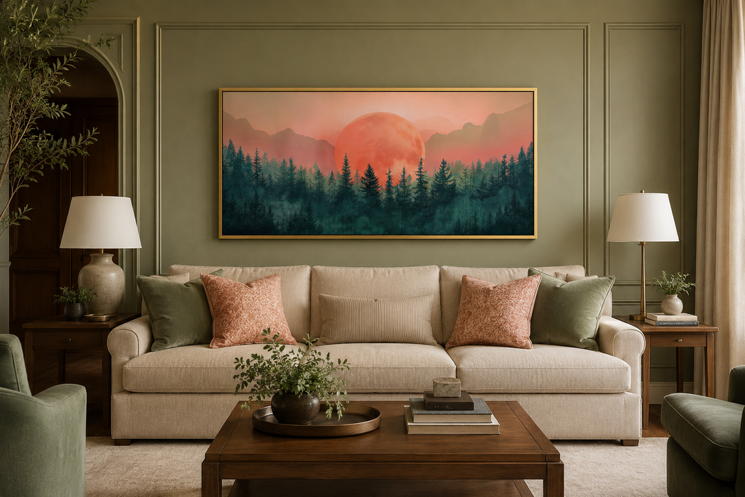 Framed horizontal canvas wall art of a pink sun setting over a green forest in a living room.