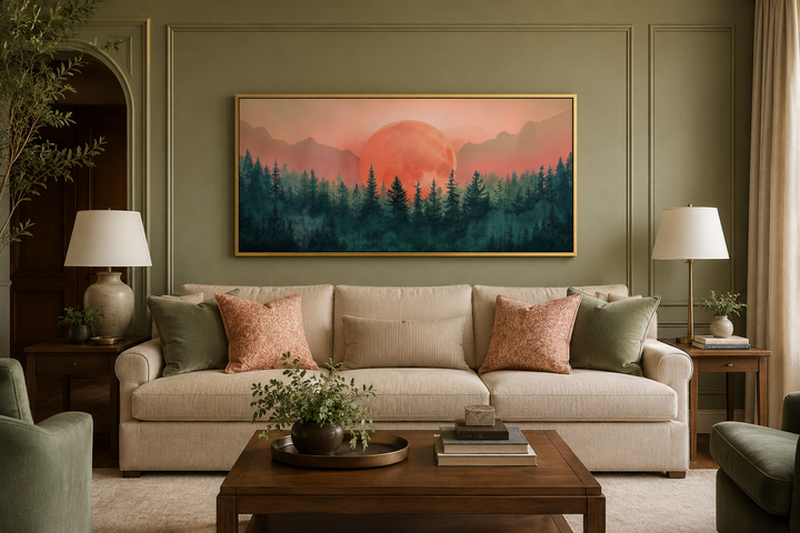 Framed horizontal canvas wall art of a pink sun setting over a green forest in a living room.