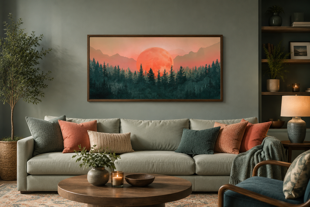 Framed horizontal canvas wall art of a pink sun setting over a green forest in a living room.