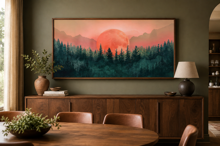 Framed horizontal canvas wall art of a pink sun setting over a green forest in a dining room.
