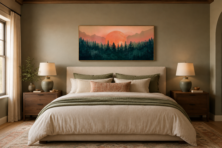 Framed horizontal canvas art of a pink sun setting over a green forest above a bed.