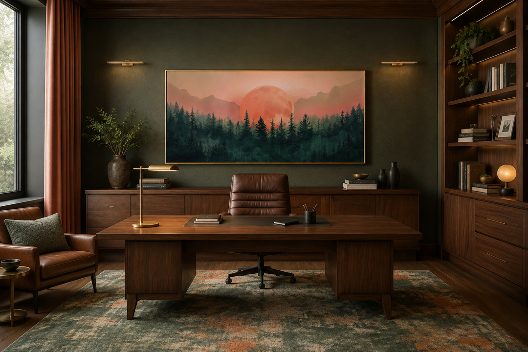 Framed horizontal canvas wall art of a pink sun setting over a dark green forest in a home office.