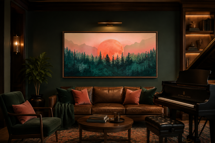 Framed horizontal canvas art of a pink sun setting over a green forest in a dark living room.