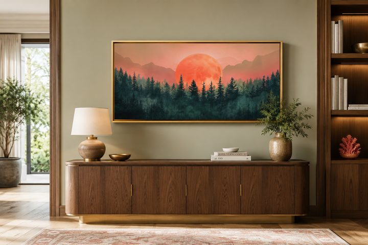 Framed horizontal canvas art of a pink sun setting over a green forest landscape above a sideboard.