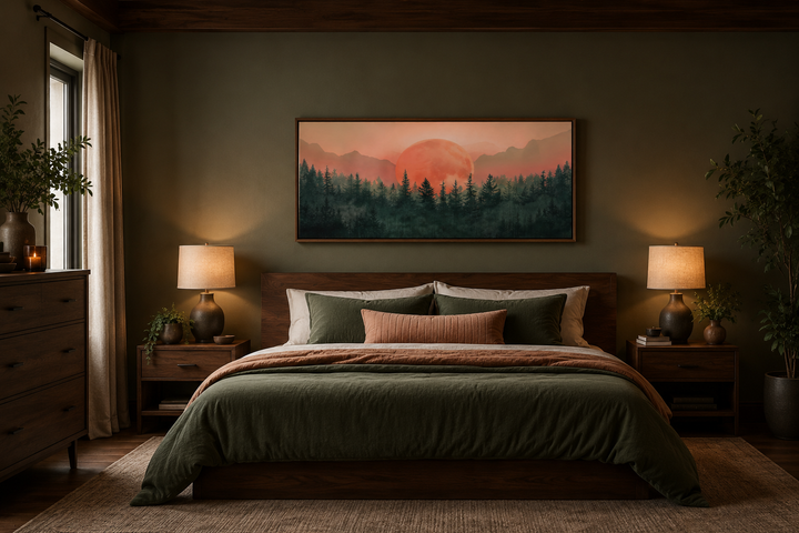 Framed horizontal canvas art of a pink sun setting over a green forest above a bed.