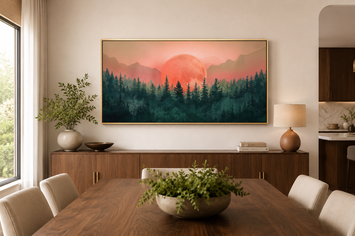Framed canvas wall art of a pink sun setting over a green forest landscape in a dining room.