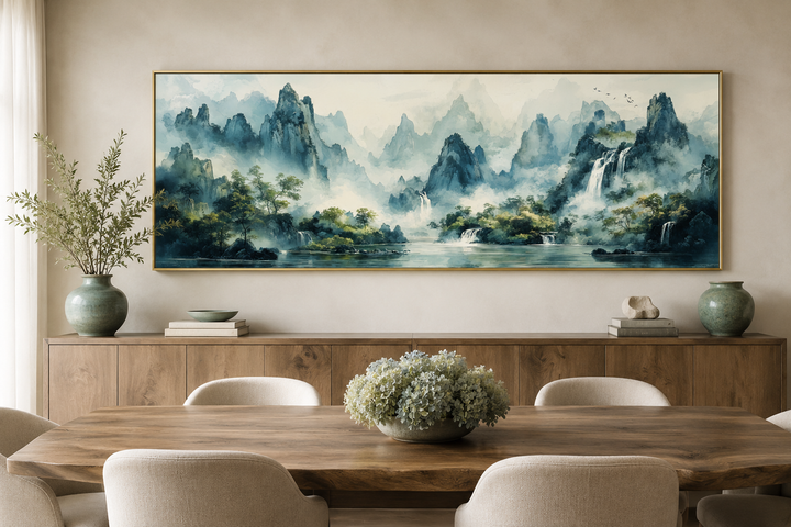 Green Shan Shui long narrow landscape canvas wall art featuring misty mountains and waterfalls.