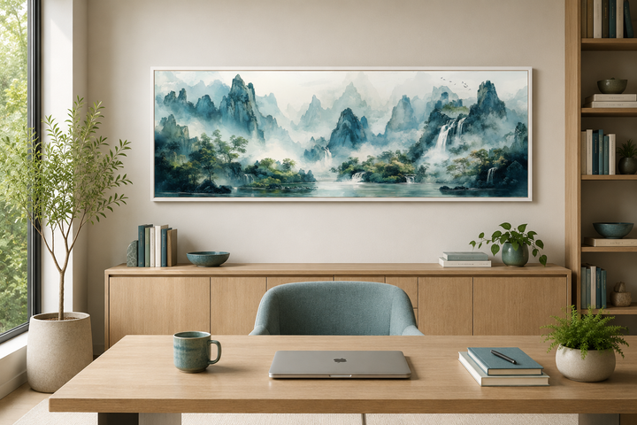 Green Shan Shui long narrow landscape canvas wall art above a desk in a modern office.