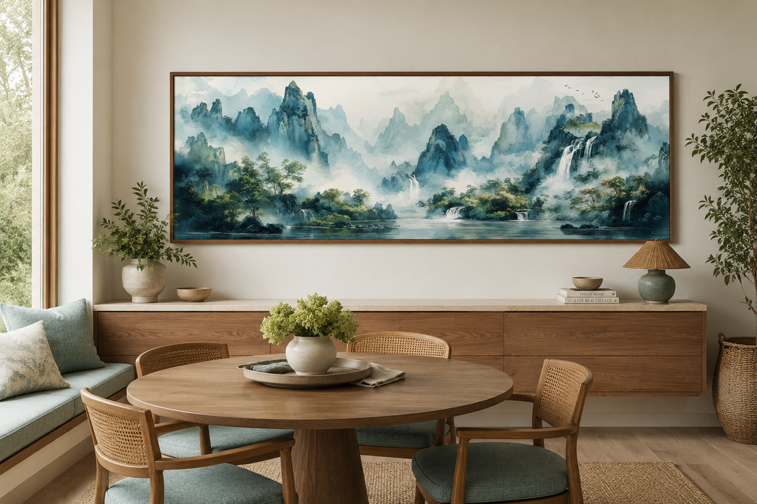 Green Shan Shui long narrow landscape canvas wall art featuring misty mountains and waterfalls.