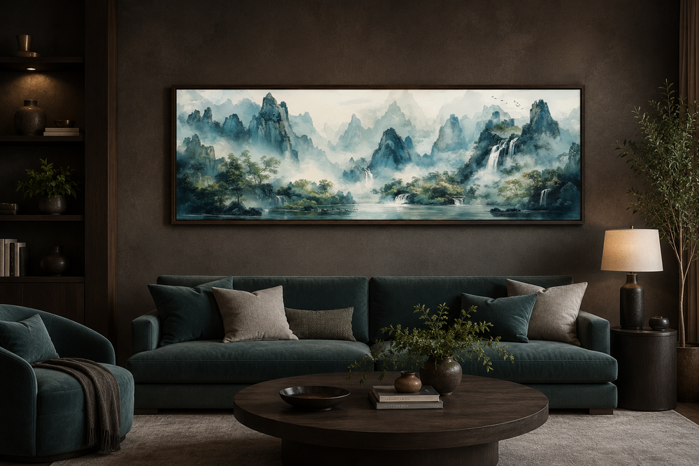 Green Shan Shui long narrow landscape canvas wall art above a dark green sofa in a moody room.