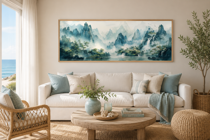 Green Shan Shui long narrow landscape canvas wall art above a white sofa in a coastal living room.