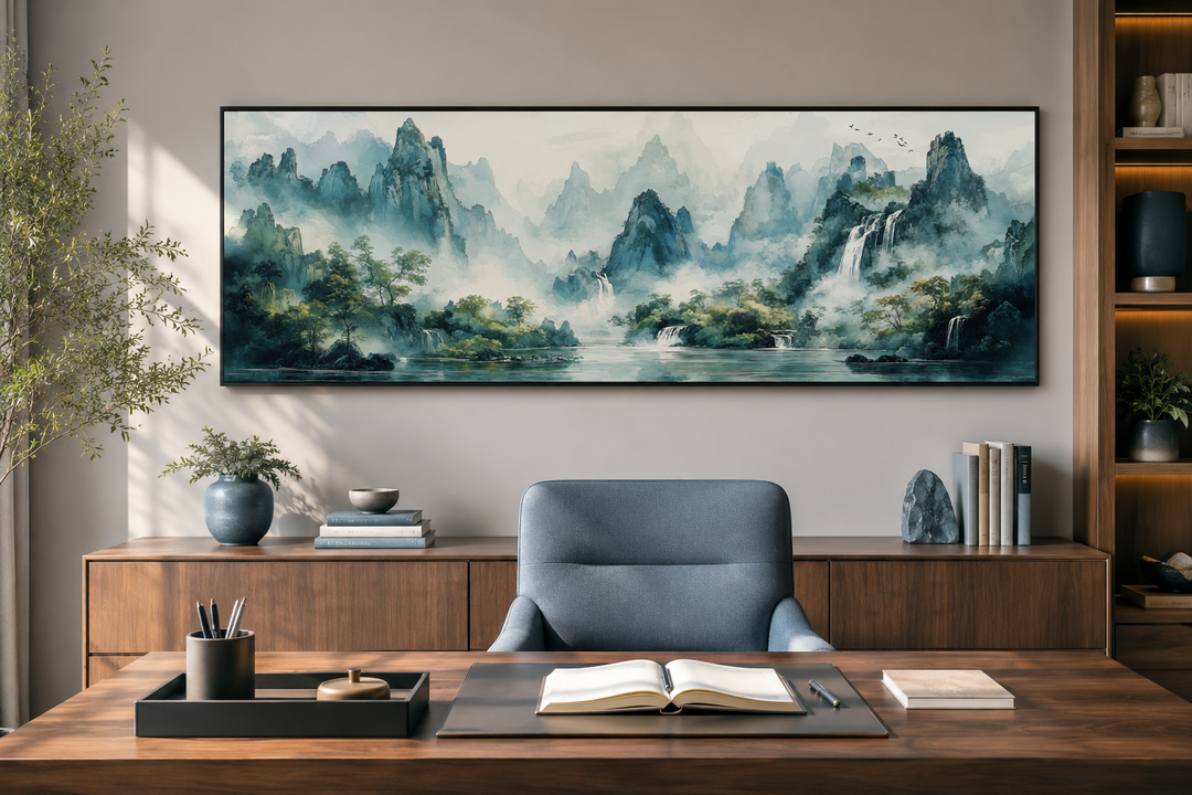 Green Shan Shui long narrow landscape canvas wall art above a desk in a modern office setting.