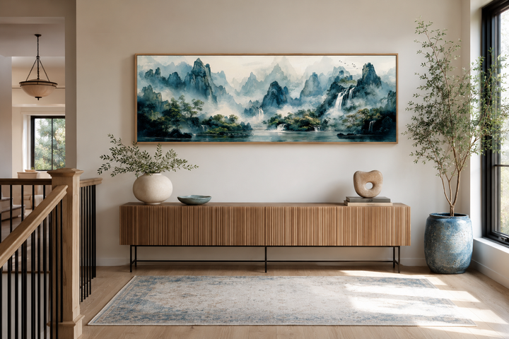 Green Shan Shui long narrow landscape canvas wall art above a wooden sideboard in a modern room.