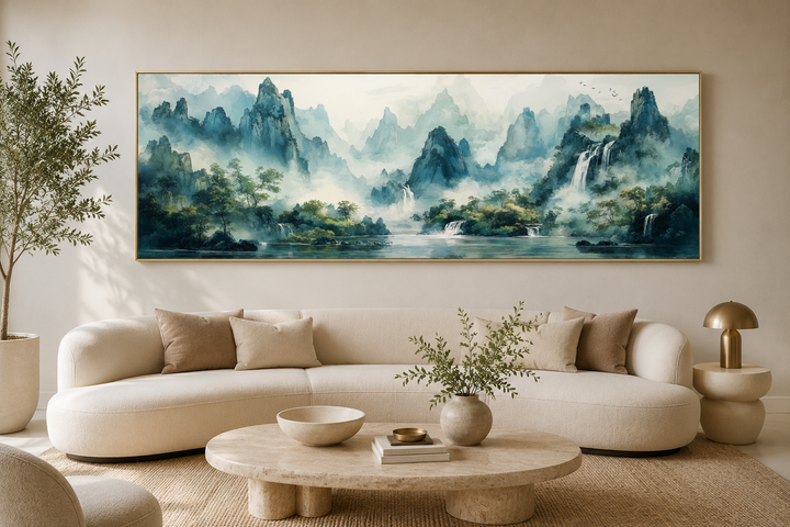 Green Shan Shui long narrow landscape canvas wall art above a modern sofa in a neutral living room.