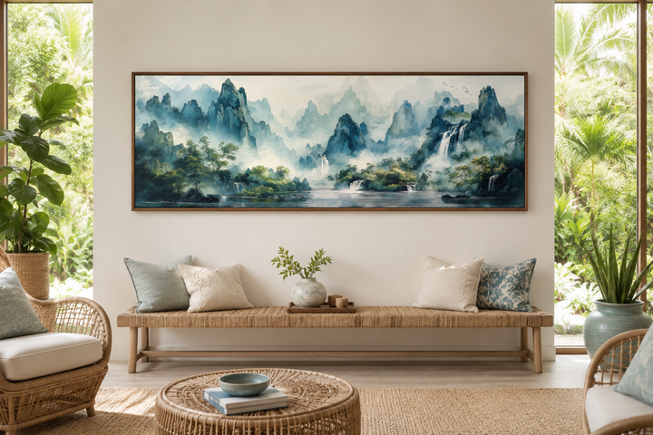 Green Shan Shui long narrow landscape canvas wall art featuring misty mountains and waterfalls.