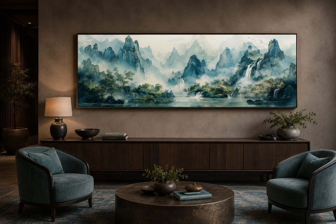 Green Shan Shui long narrow landscape canvas wall art featuring misty mountains and waterfalls.