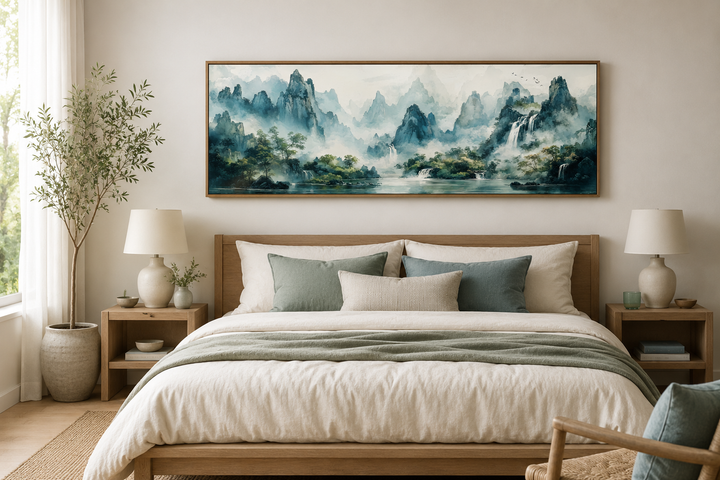 Green Shan Shui long narrow landscape canvas wall art above a bed in a serene bedroom.