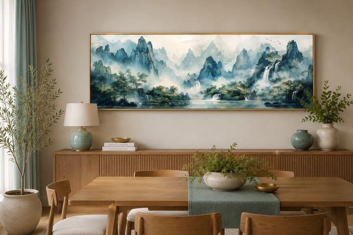 Green Shan Shui long narrow landscape canvas wall art above a wooden sideboard in a dining room.