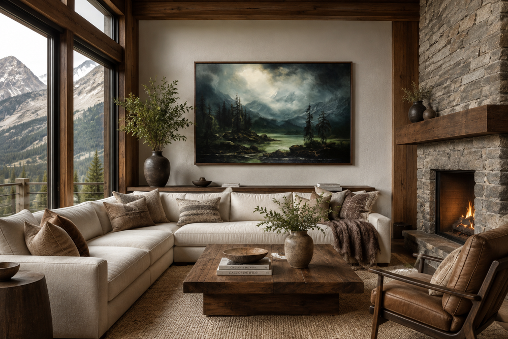 Moody lake and mountains green vintage framed canvas wall art hanging above a white sectional sofa.