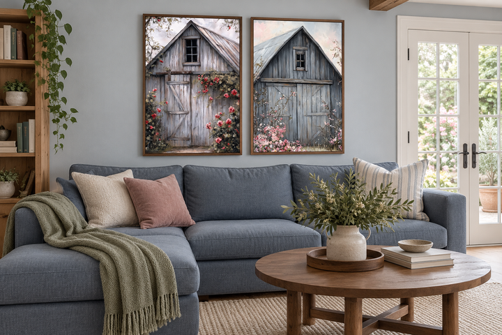 Two framed canvas paintings of rustic grey barn doors with floral accents above a blue sofa.