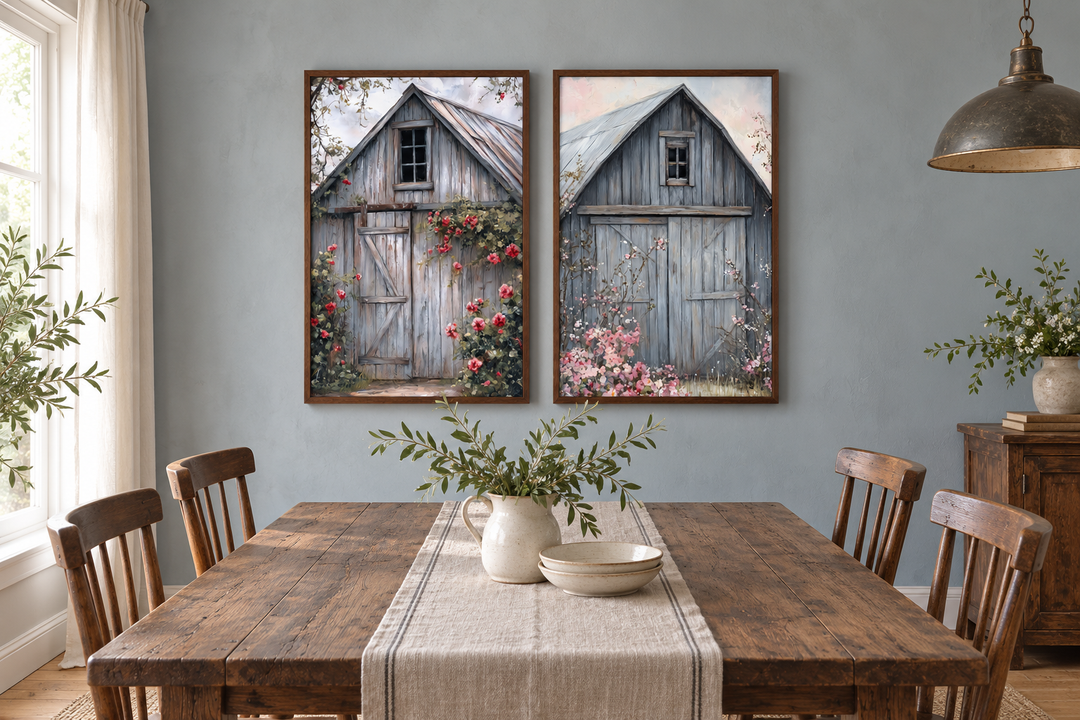 Two rustic grey barn door canvas paintings with floral accents in a farmhouse dining room.