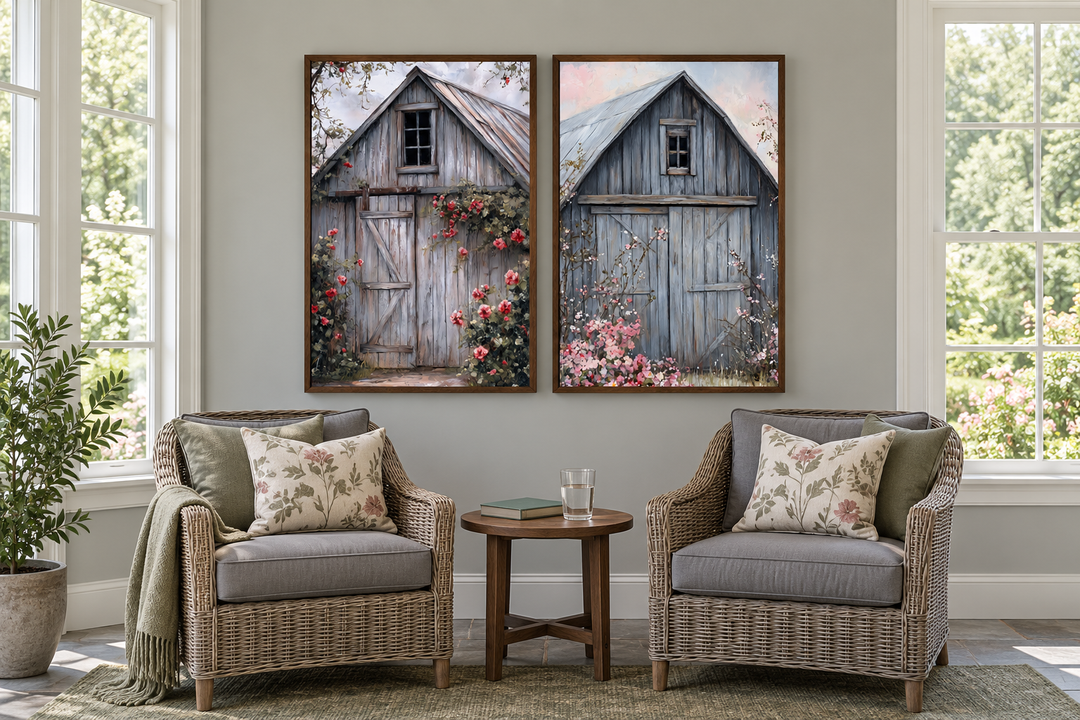 Two framed canvas paintings of rustic grey barn doors with pink flowers above wicker armchairs.