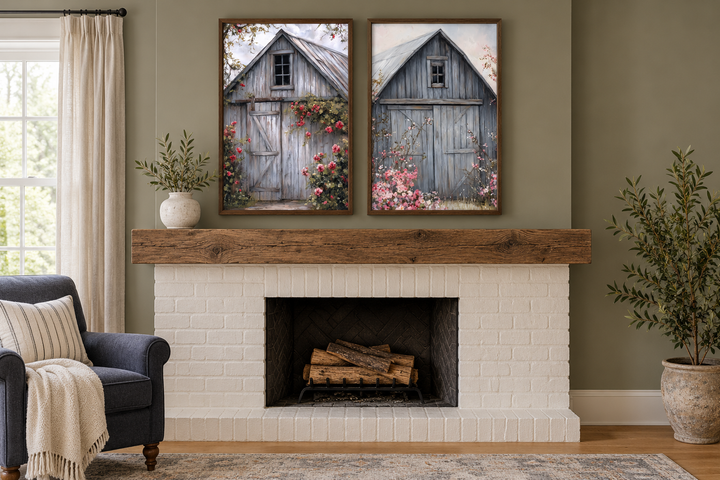 Two rustic grey barn door canvas paintings with pink flowers above a white brick fireplace.