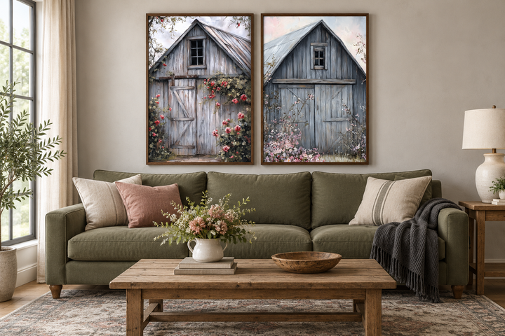 Two rustic grey barn door canvas paintings with floral accents in a farmhouse living room.