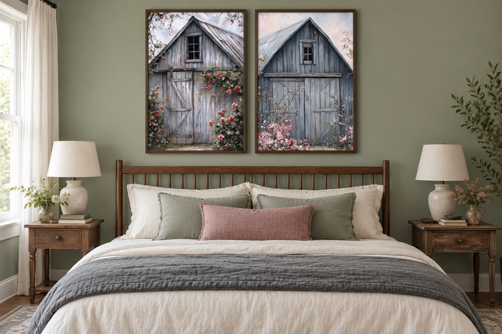 Two rustic grey barn door canvas paintings with pink floral accents above a farmhouse bed.