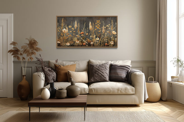 Grey beige boho wildflowers field framed canvas wall art hanging above a neutral sofa.