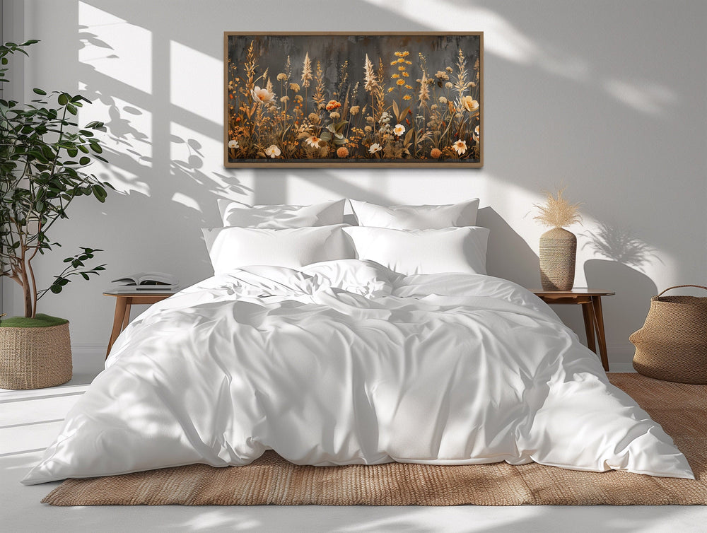 Grey Beige Grey Boho Wildflowers Field Framed Canvas Wall Art above bed