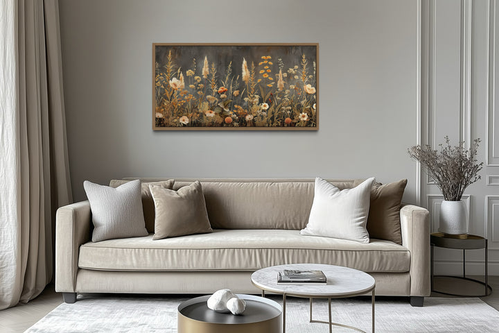 Grey Beige Grey Boho Wildflowers Field Framed Canvas Wall Art