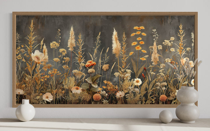 Framed canvas wall art of a boho wildflower field in grey and beige tones above a neutral shelf.