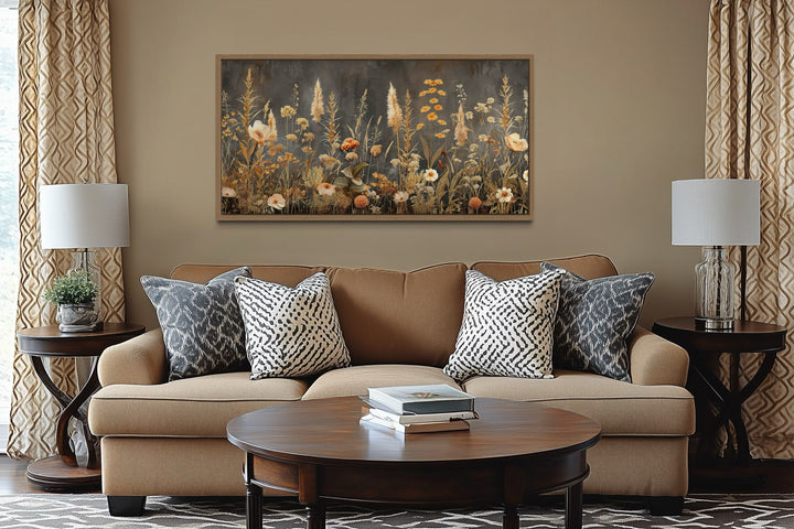 Grey Beige Boho Wildflowers Field Framed Canvas Wall Art hanging above a tan sofa in a living room.
