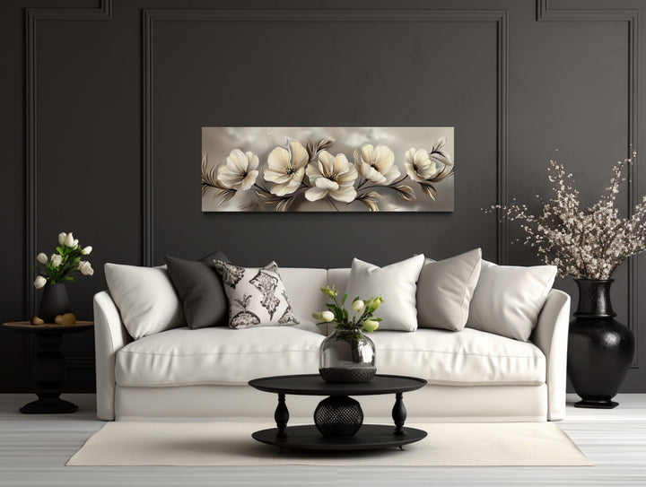 Grey Beige Ivory Large Abstract Flowers Long Horizontal Wall Art