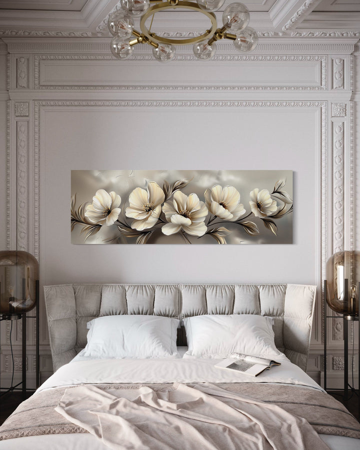 Grey Beige Ivory Large Abstract Flowers Long Horizontal Wall Art