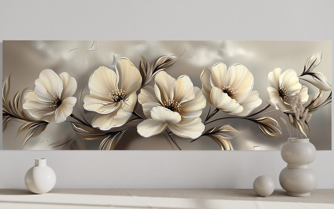 Grey Beige Ivory Large Abstract Flowers Long Horizontal Wall Art