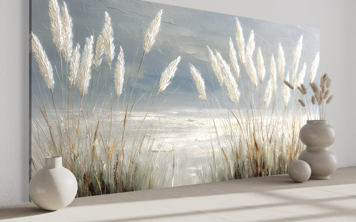 Grey Boho Beach Grass Coastal Framed Canvas Wall Art