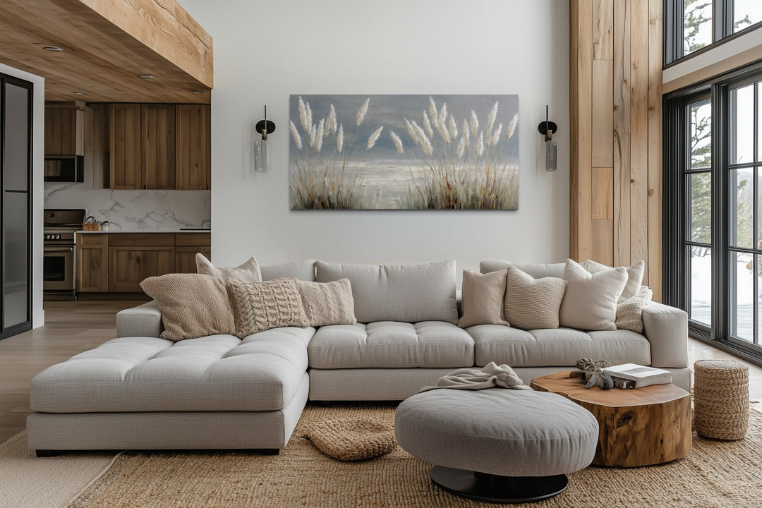 Grey Boho Beach Grass Coastal Framed Canvas Wall Art