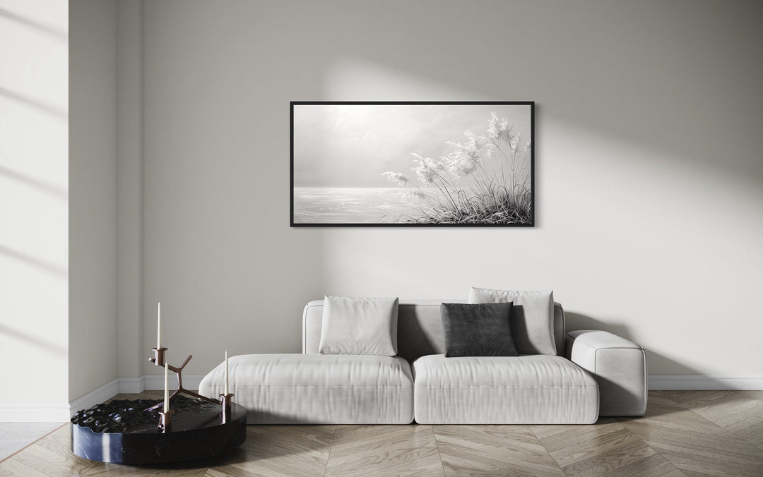 Grey Boho Beach Grass Coastal Framed Canvas Wall Art