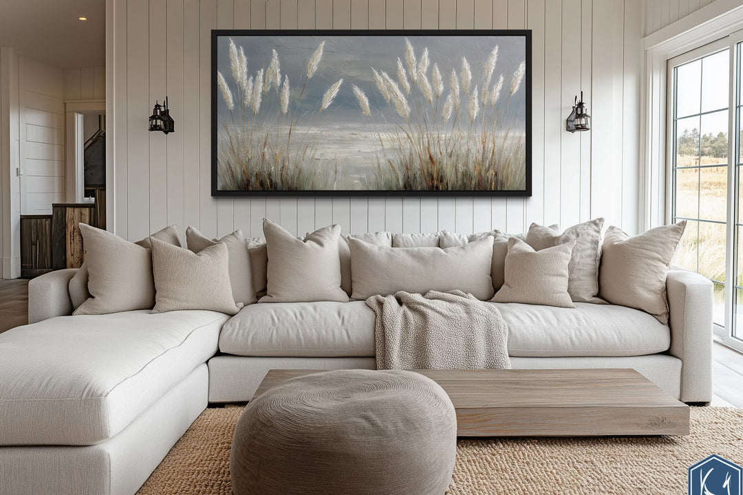 Grey Boho Beach Grass Coastal Framed Canvas Wall Art