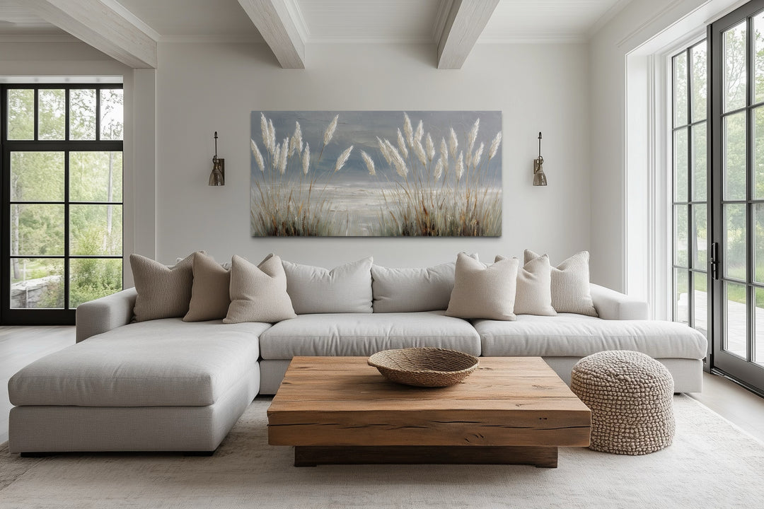 Grey Boho Beach Grass Coastal Framed Canvas Wall Art